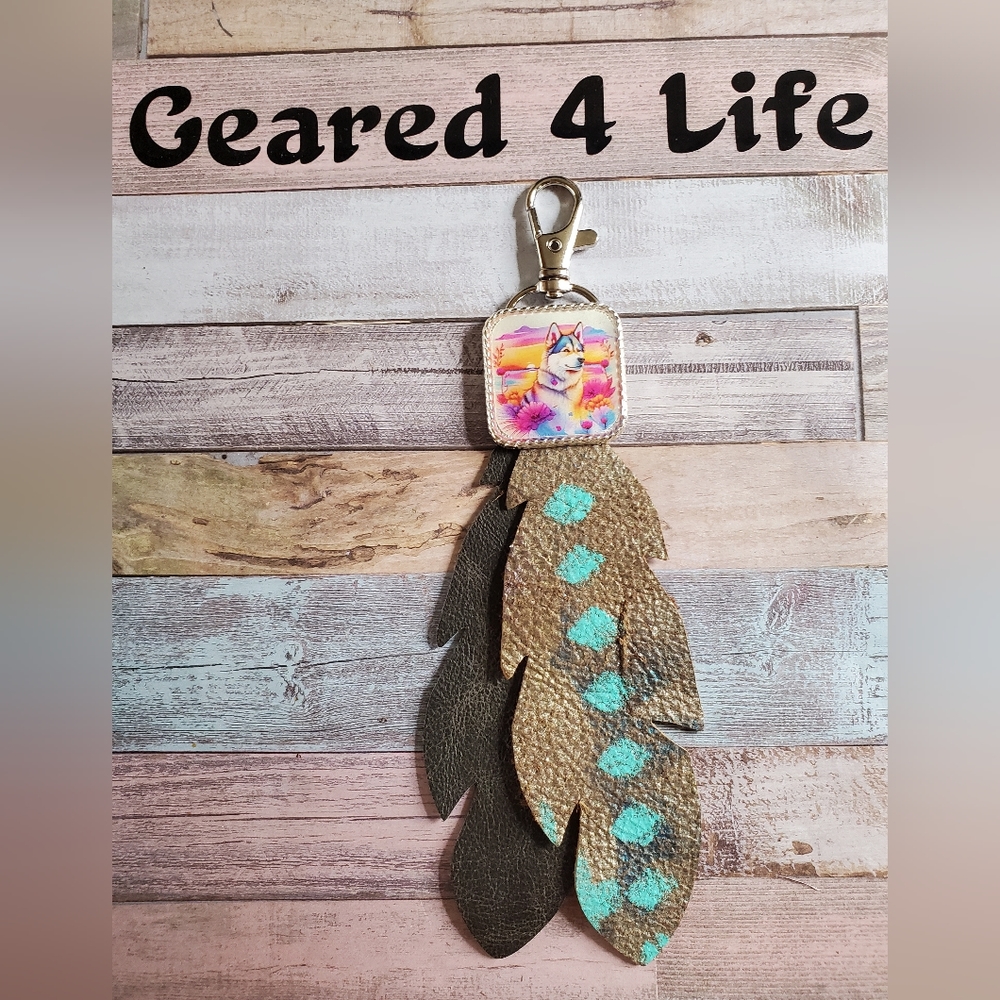 Husky Dog Handmade feather purse charm Keychain